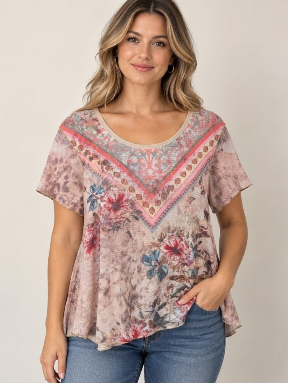 Sundance Pink Floral V-Neck Short Sleeve Tee